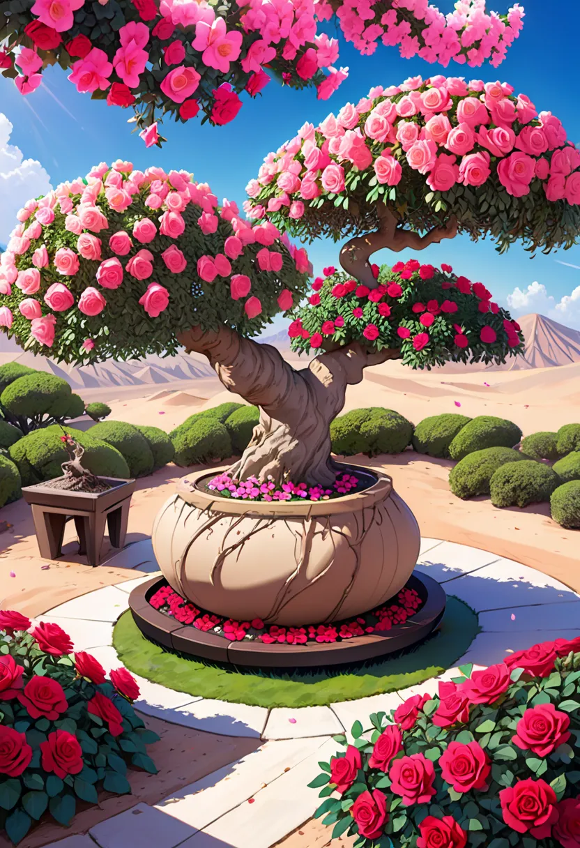  Create desert roses with a giant tuber style bonsai with lots of roses. flower is adenium .  desert background  