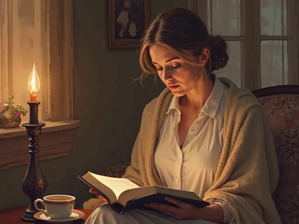 "A digital painting in classic style depicting a mother sitting in a cozy environment, Reading the Bible. The soft light of a candle or window delicately illuminates her face, transmitting peace and reflection. The surrounding setting suggests a devotional...