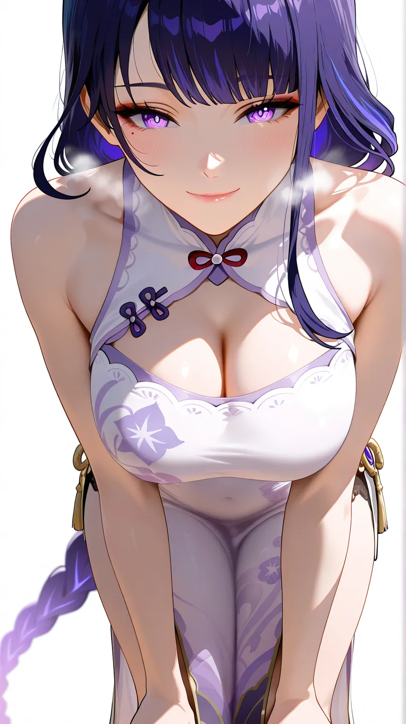 masterpiece, best quality, amazing quality, 1girl, Raiden Shogun, Genshin Impact, purple eyes, purple hair, long hair, white Chinese cheongsam, beautiful legs, white legs, smile, close up shot, simple background, medium size  , golden ratio face, Sleeveles...