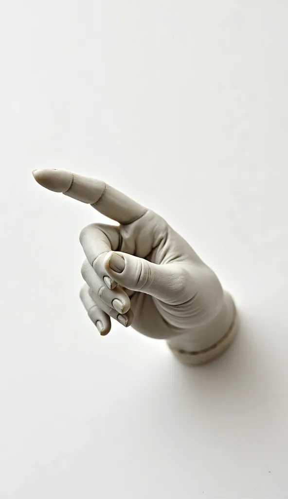 The elegant hand of an antique statue extends its index finger forward on a white background