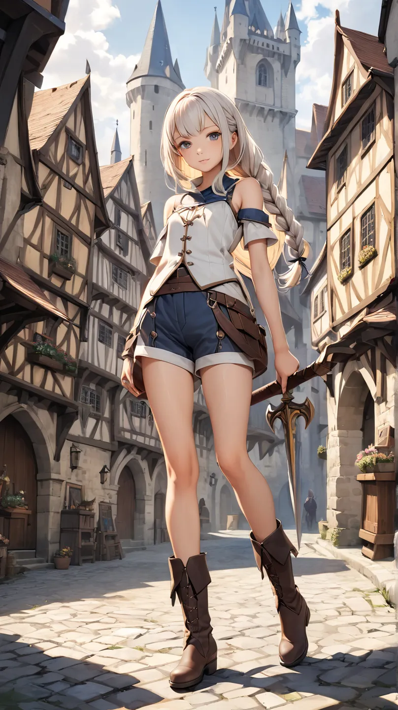 White Long Haired ，Flat chest， Bare shoulder ， Sleeveless Top ， vest，shorts， Bare Waist ， Bare Thighs，Thin legs，Boots ，Medieval European City，High Resolution, Best Quality, Small individuals，Bangs,  stands，braid, ，spear，full body