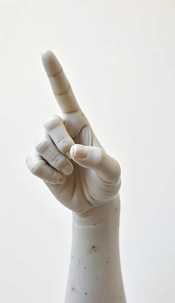 The elegant hand of an antique statue extends its index finger forward on a white background