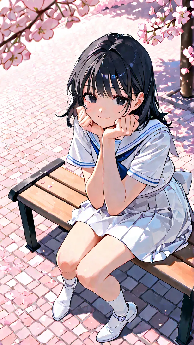 Japanese Girl、JK、semi-long、Cheek resting on hand、 black hair、white sailor suit、white skirt、Short sleeve、dark eyes、sitting、Bench of Qi 、Cobblestone floor、Outdoors、cherry blossoms、from above、 turn around