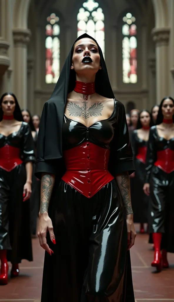 angelina jolie, walking while praying, latex nun uniform, long latex nun dresse latex black and red, REVERENCE LATEX RUBBER HEADPIEce red latex red latex, red latex heavy corset neck, red latex corset latex, platform over the knee stilettos vinyl red, blac...