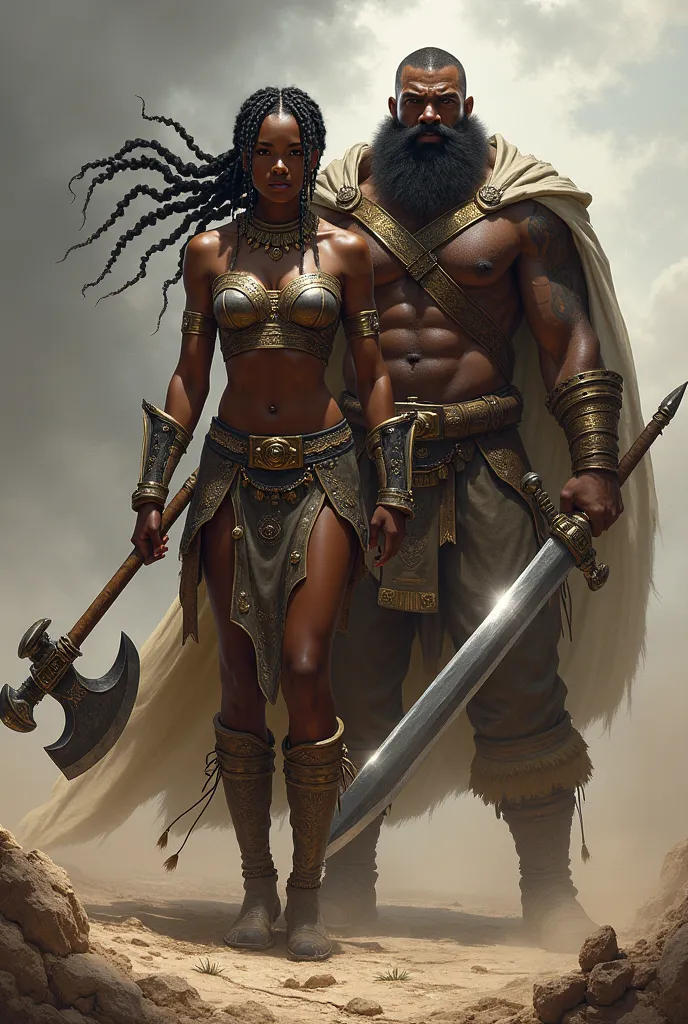 A black female warrior with braided hair, holding an axe in his hand, And a warrior with big, bearded hair, who holds a sword