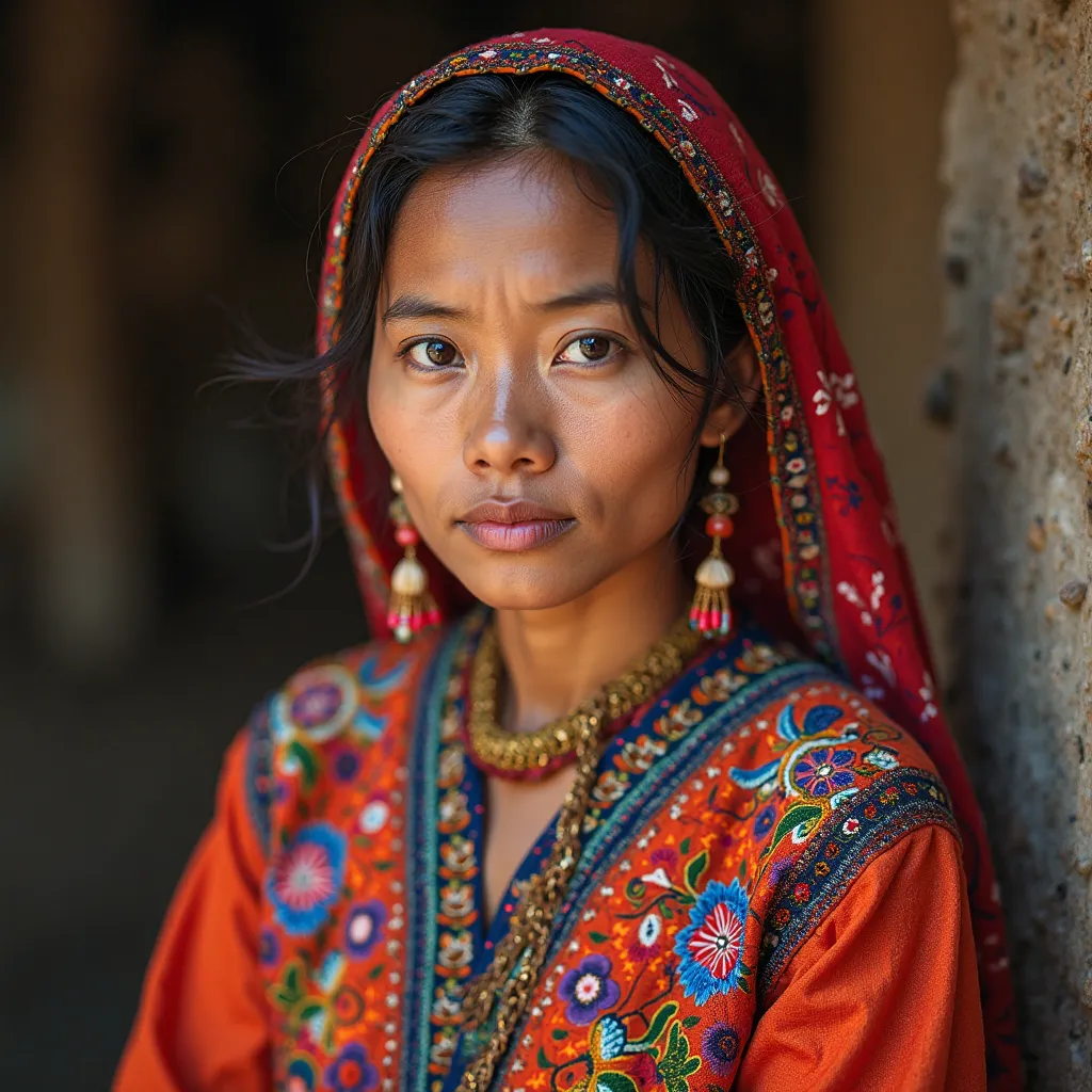 Portrait of a woman in traditional dress while working. A young woman from the, 
is wearing bright hand-embroidered clothes. Her hair is covered, tribe with a barely visible smile on her lips.