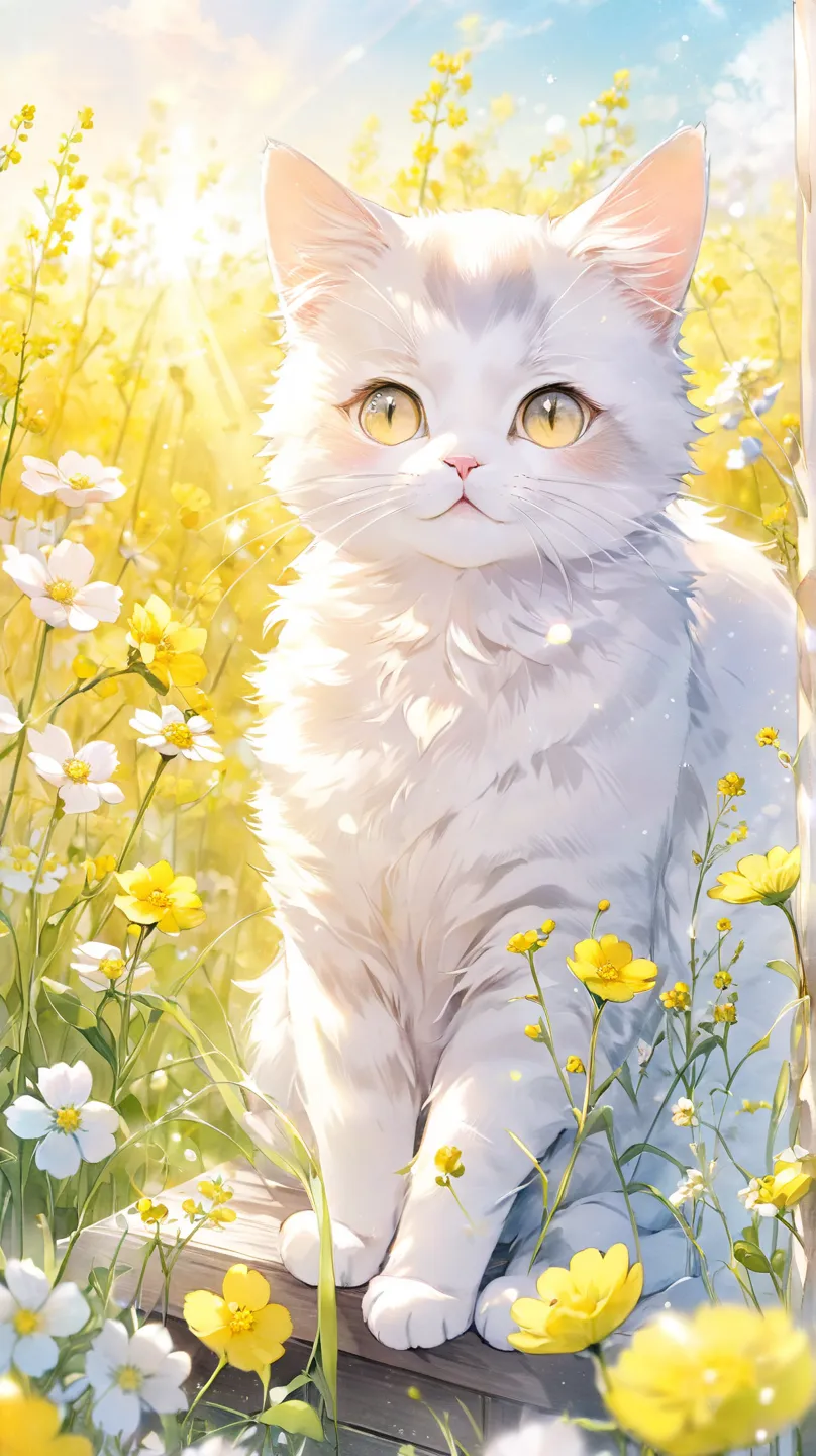 cute and gentle world of software,  fluffy, pastel color, warm fantasy art, cat、solo、 there are no humans,  has a lot of white space,  Under the warm spring sun、, a large field of rapeseed flowers swaying in the wind、Yellow、Accurately、Light color 、Lighten ...