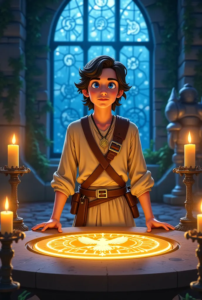 [🎭 Main Subject - Character Focus]:  
- **Elias now stands inside an ancient royal chamber, his hands resting on a massive stone table carved with a royal crest.**  
- His **deep blue eyes widen with awe and realization**, his expression shifting between w...