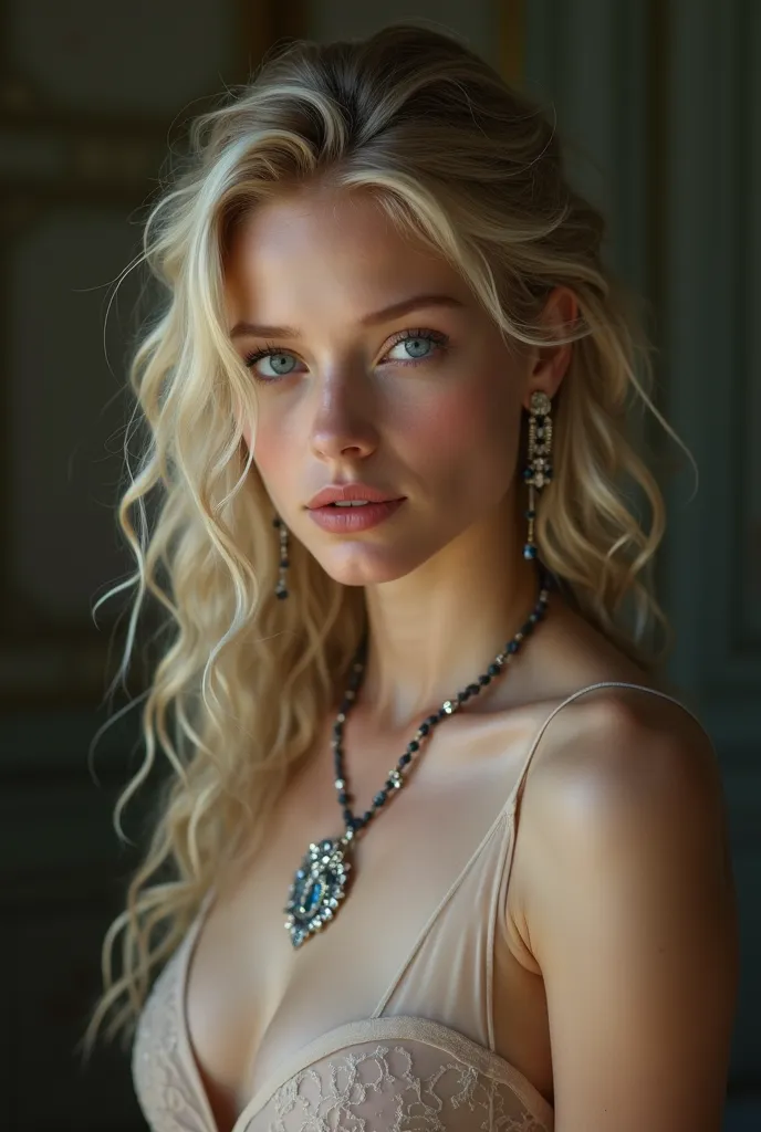 Nsfw,Young Russian girl,blue eyes,curly long hair,wet hair,light blonde hair,naked,jewellery,