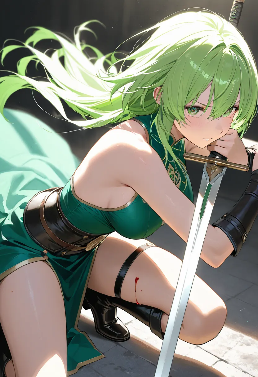 Green Haired Girl、long hair、 is crazy 、is down on one knee、 is bleeding from the head、 backlit、 stylish composition with detailed swords、dynamic