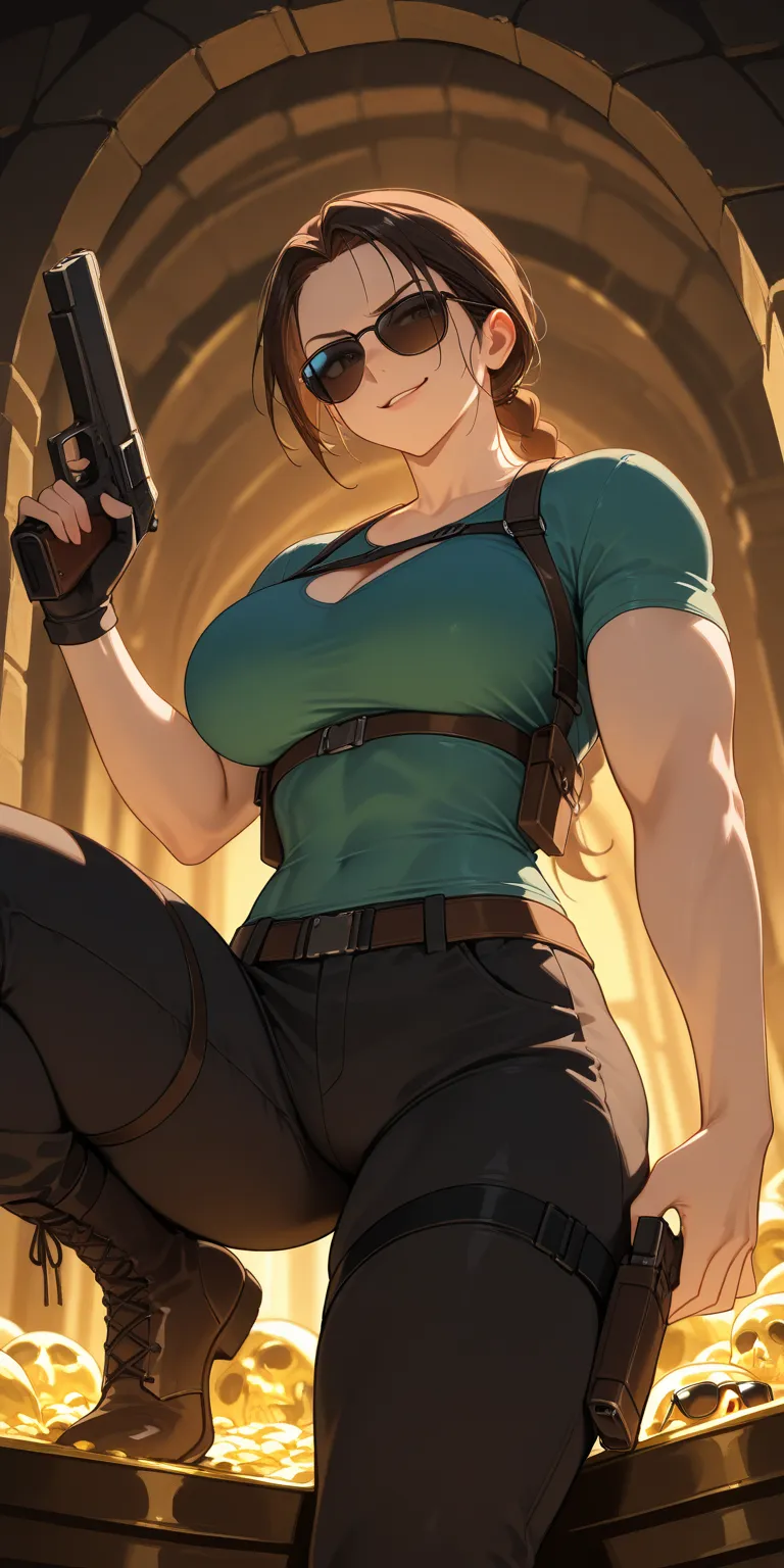  Masterpiece ,top quality shirt, High detail, Lara Croft, in canonical clothes , holds a gun in his hand ,  small muscles, sunglasses,  smirk, in a treasure tomb,