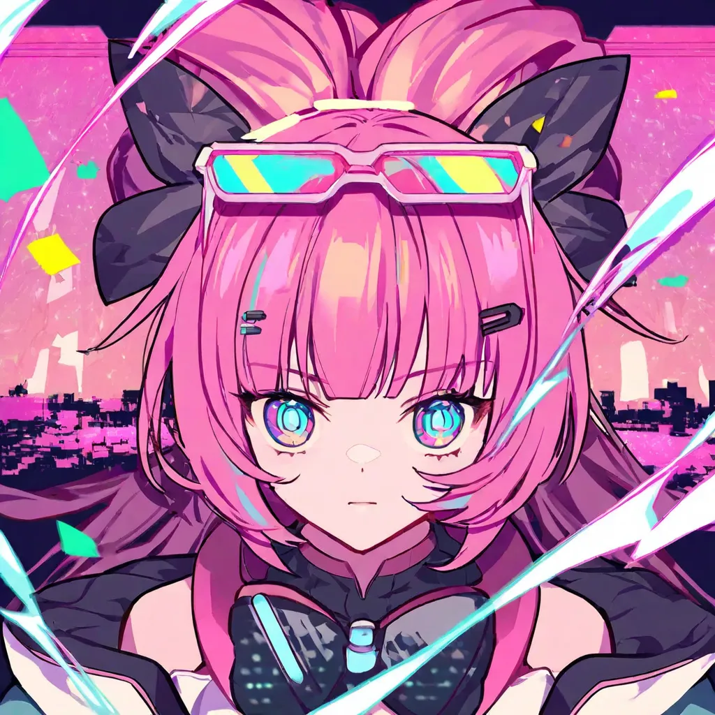 anime girl, pink hair color, walks in game world, weared im kigurumi, neon glasses