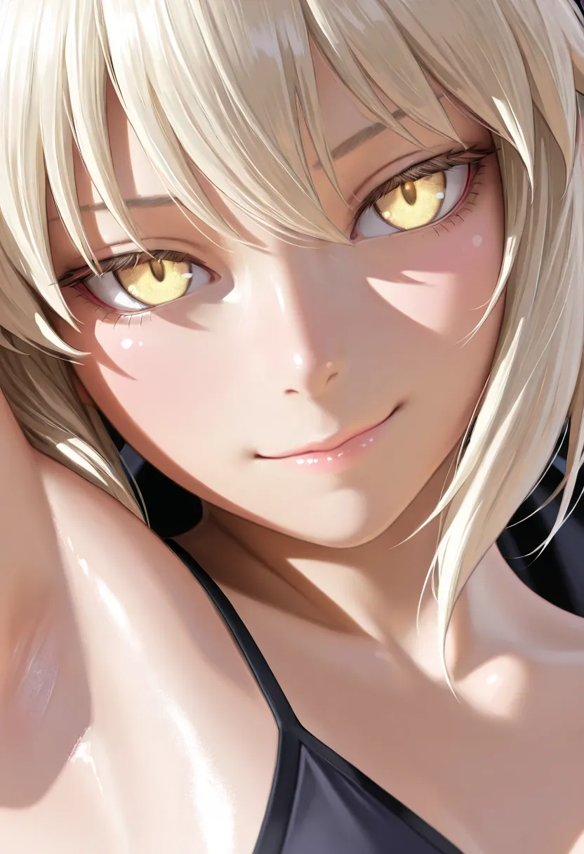 ultra detail, detailed face , detail eyes with, Beautiful eyes, Masterpiece, top quality, Photorealistic, That&#39;s ridiculous., 8k, RAW photos, detailed background, shiny skin, posing, artoria saber alter, upper body, bare shoulders, armpits, seductive s...