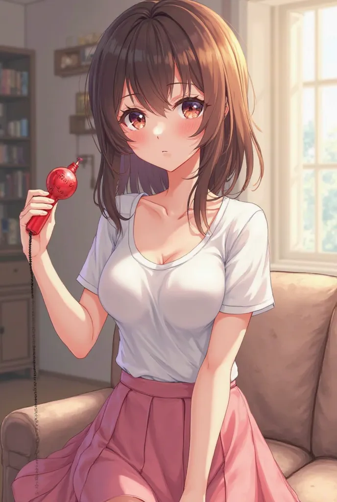 Give me a picture of a  girl with good sized breast in a white tshirt and a pink skirt. She Looks at me wanting to give me something. Drake it more in a Anime Style and let her be in a living Room. She holds sex toys in her hand