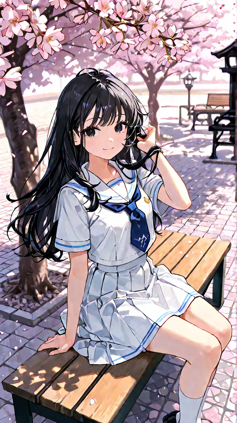 Japanese Girl、JK、semi-long、 Gold、Tie up your hair、white sailor suit、white skirt、Short sleeve、dark eyes、sitting、Bench of Qi 、Cobblestone floor、Outdoors、cherry blossoms、from behind