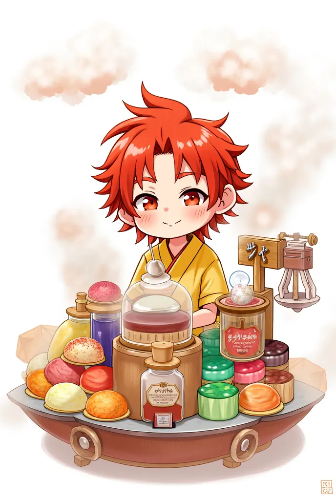 white background, male,  red hair, Mochi stand 