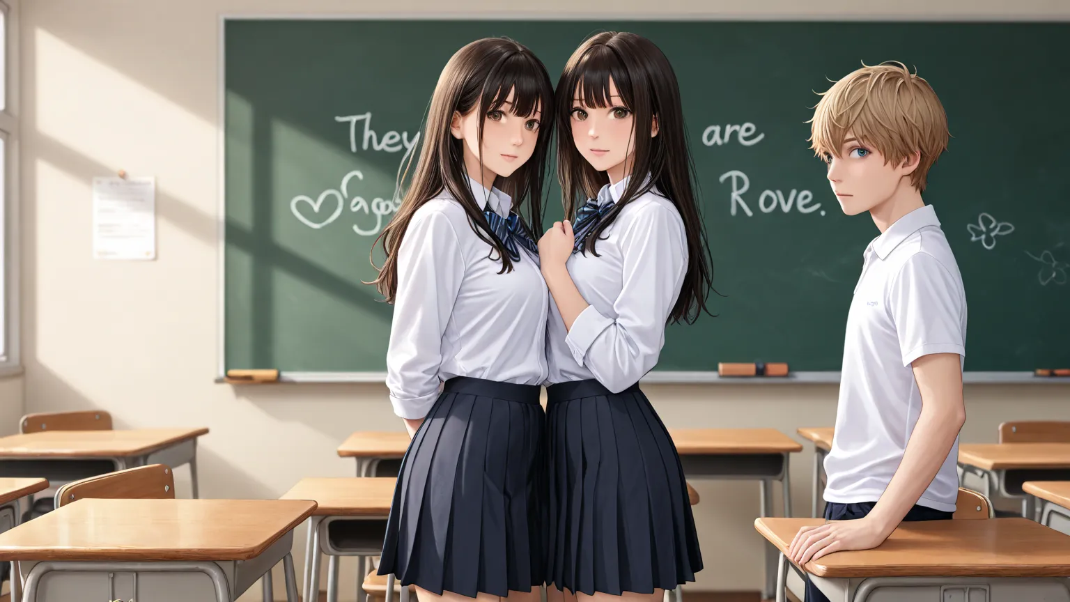 An 18-year-old high school boy and girl are talking in the classroom、Blackboards and classroom desks are drawn、They are both wearing uniforms、Boys have darker hair、Women are in skirts、the focus is on and details are also drawn