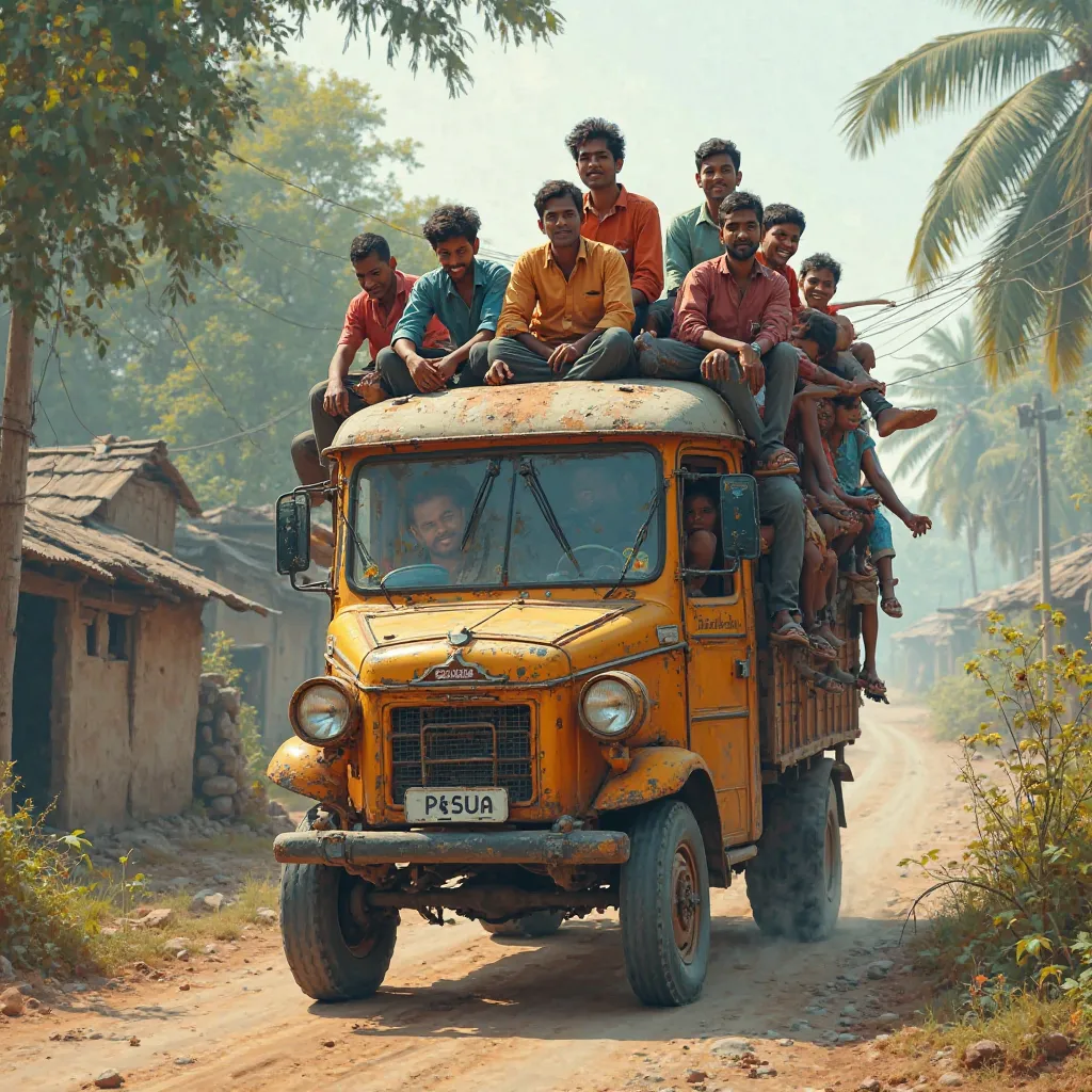   
        
  Tampoo an indian old deshi four wheeler running on the indian village raw road , the tampoo is overloaded passengers in it , some passengers sitting over the tampoo 's roof and others are hanging around the tampoo, village atmosphere, detaile...