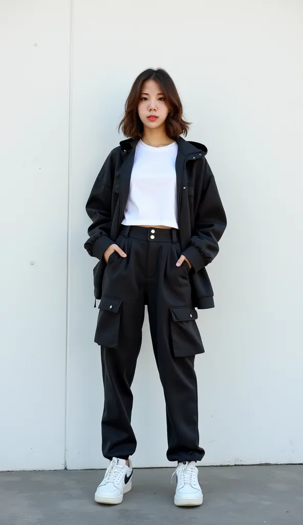  Thai Women,Age 20 years,Good figure,ผมทรงMedium Cuthair,, wear a white short-sleeved T-shirt,Wear a black jacket , black military trousers,Nike , She posted a cool look ,Behind the scenes is a white wall