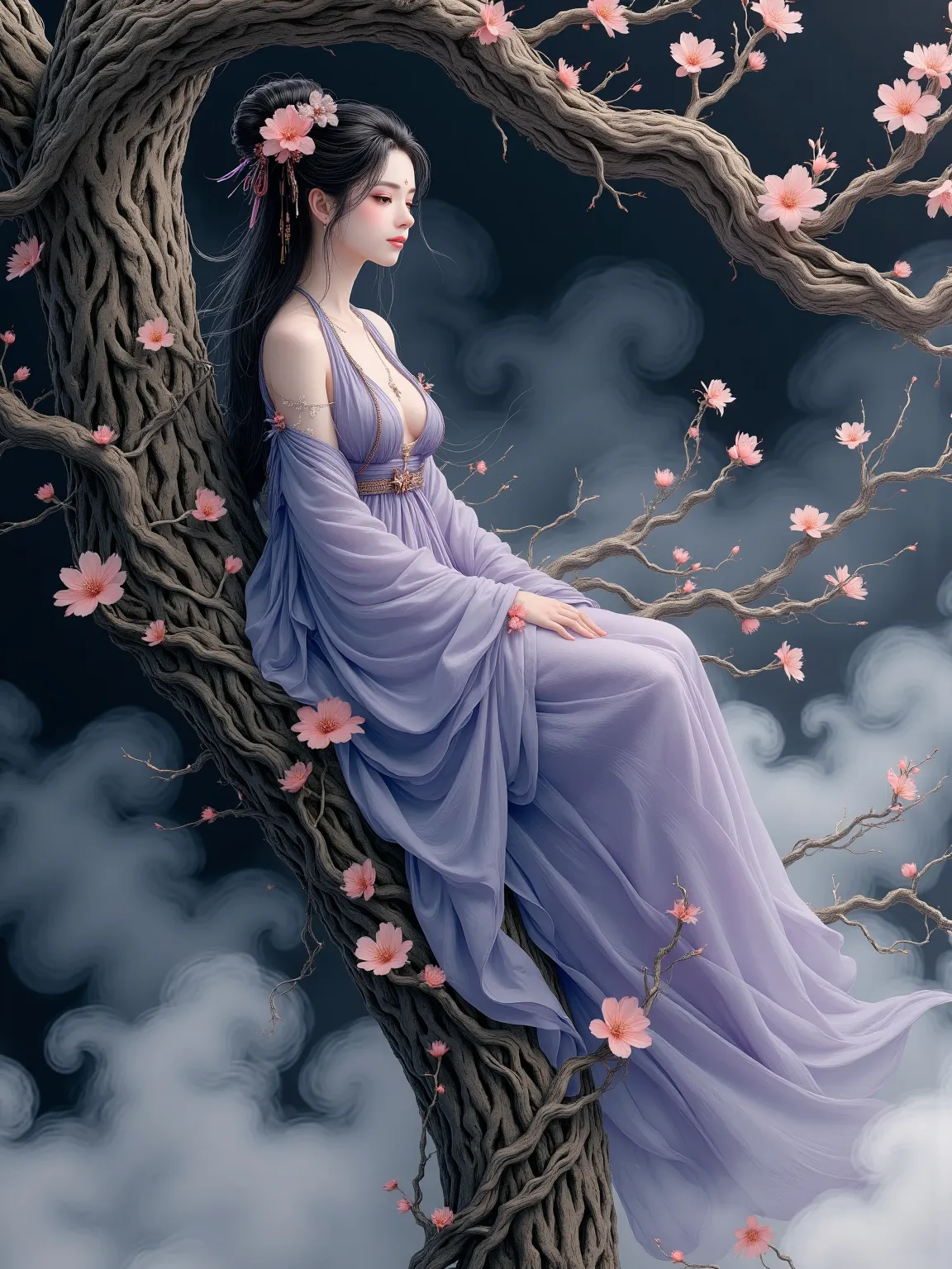 Bust of a flower demon on an ancient tree branch，Blue silk turned into peach blossom branches，skirt blends into tree bark texture，Flowing smoke clouds smudged with ink on the background，New brush flower pattern，Light purple color with moon white，Hazy light...