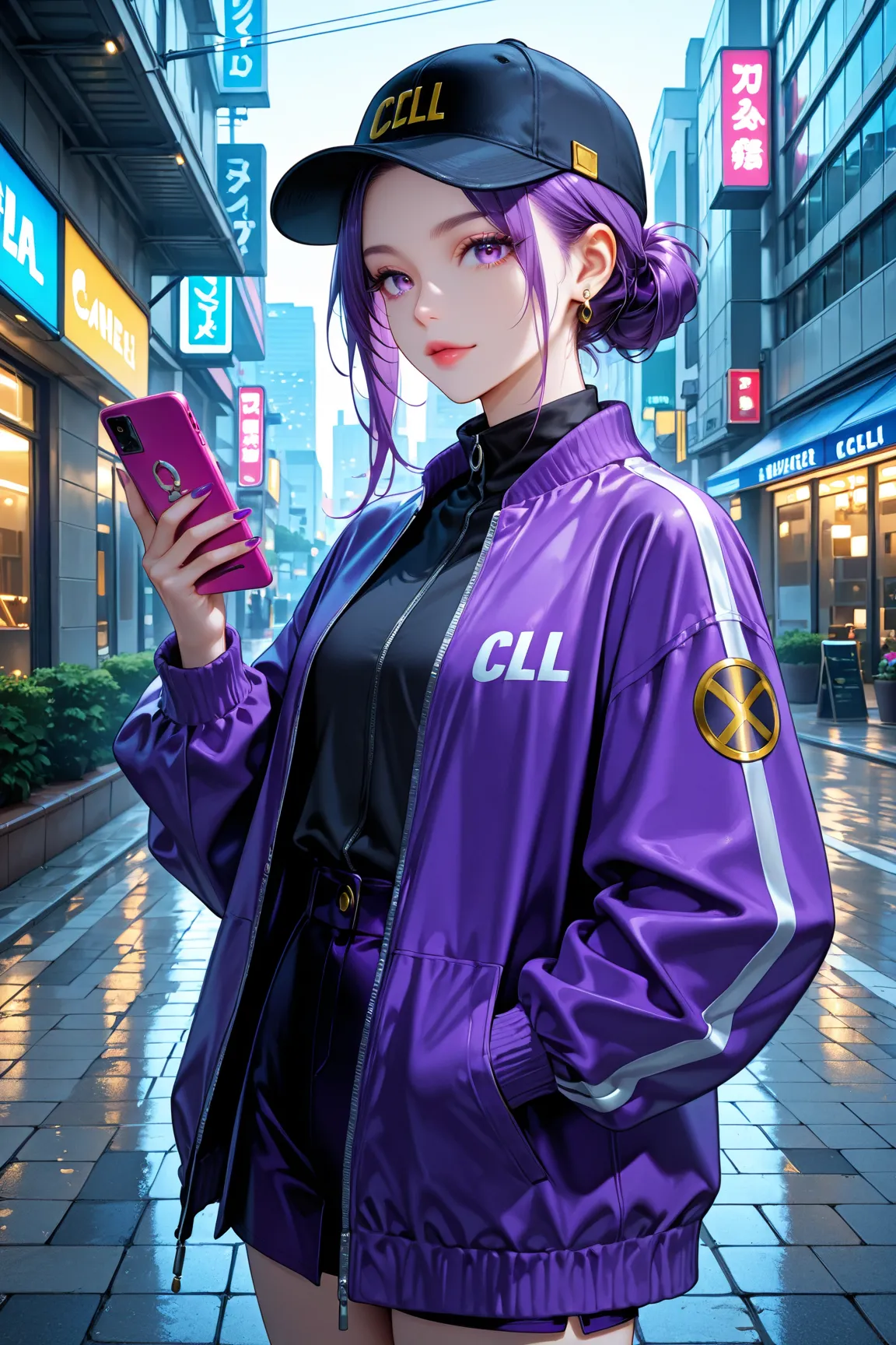 a young lady in a purple jacket holding a cell phone above her shoulder, 1girl, solo, holding, looking at viewer, outdoors
