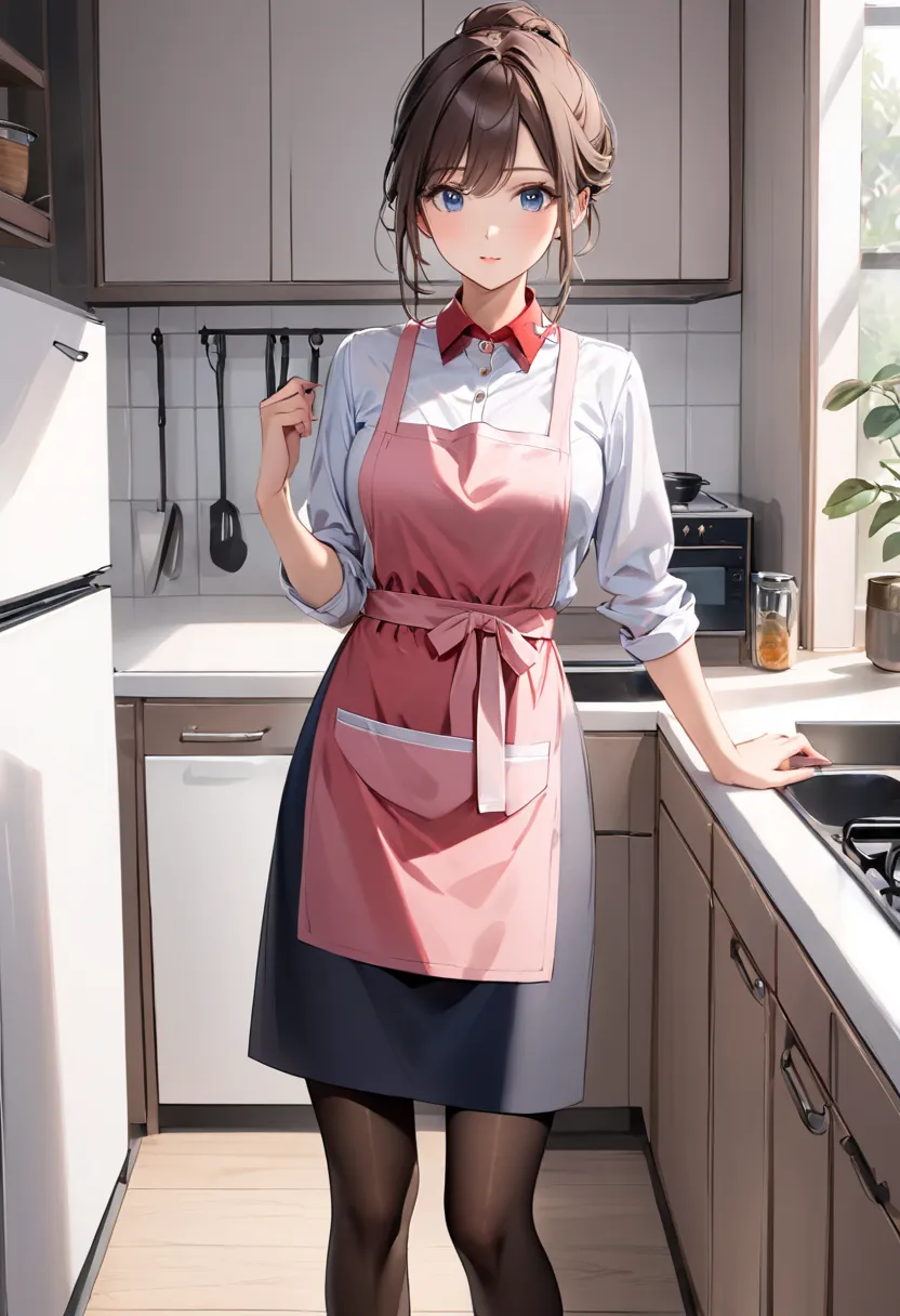 ((pet red collar))、masterpiece, top quality, 40 year old woman 1, solo, SMALLE BREASTS, dark blue eyes, brown hair, bungs, half updo,   pink apron , white bow tie shirt、black knee length pencil skirt、black pantyhose,  Read more,  morning、Kitchen、with cloth...