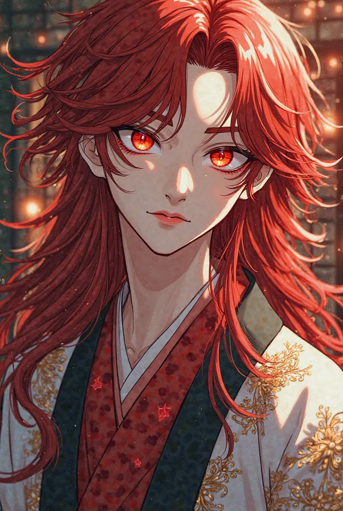 Un jeune homme qui a des longs cheveux rouges et qui porte un kimono avec des yeux rouges il est très très beau toutes les filles tombent sur son char et je veux dans un style manga