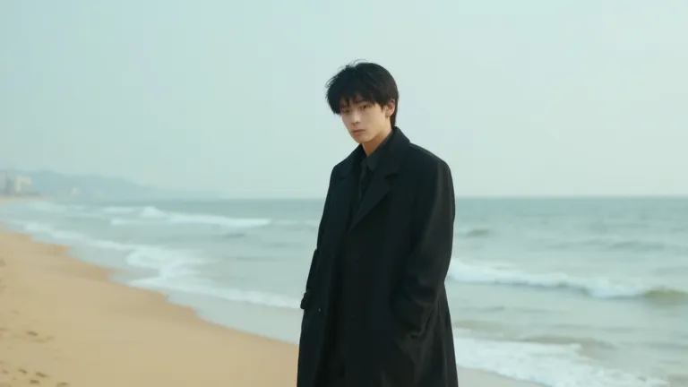 A handsome Korean man is standing on the beach, wearing a long jacket, his hands in his pockets, cinematic,