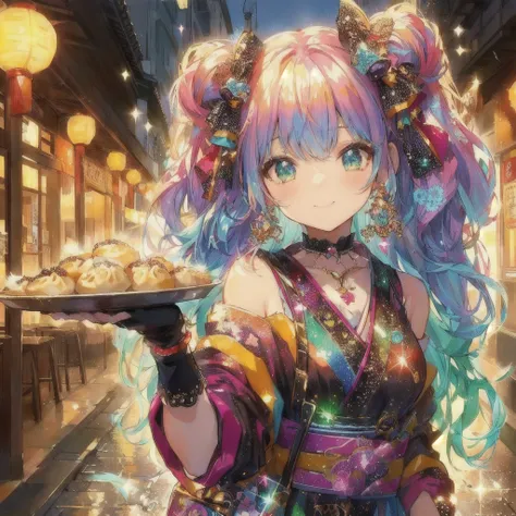 colorful haired anime girl holding a plate of food on the street,  Dumplings on a plate, smile, illustration inspired by Decora-inspired , anime style 4k, Colorful sparkles, Anime Art Wallpaper 4k, Anime Art Wallpaper 4K, cute anime wife in a nice dress, A...