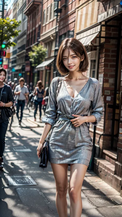 a beautiful young Japanese woman, 24 years old, with healthy thighs, beautiful legs, flawless skin, random hair color and hairstyle, large breasts, a hostess wearing a hostess dress, high heels, (she is standing:1.2), full body shot, holding a purse in one...