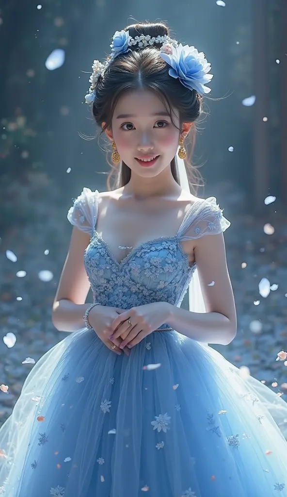 A Korean woman wears an elegant dress with a blue floral theme, decorated with a large floral decoration. white ribbons in the hair and wearing gold earrings, gives a luxurious and graceful impression .  smiling facing the camera.baground in the form of a ...