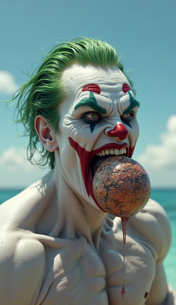 A hyper-realistic and highly detailed 3D illustration of a muscular man dressed as the Joker, with pale white skin, green slicked-back hair, and exaggerated red clown makeup, biting and eating a dragon sphere from dragon ball universe. The Joker's veins an...