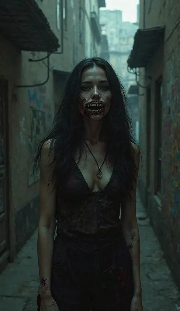 A woman with long dark hair in dimly lit alley . Her mouth is grotesque with slit cut from ear to ear