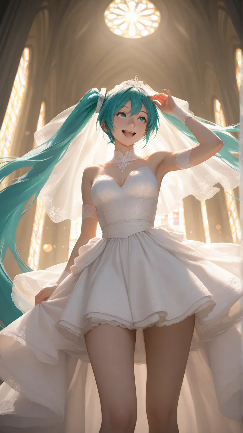 HIGHEST QUALITY 4K REALISTIC,high quality,realistic,bokeh effect,extreme detail,professional,HDR,UHD,Studio Lighting,ULTRA DEFINITION PAINTING,clear focus,physically-based rendering,vivid color,Hatsune Miku, popup,Luxurious Wedding Dress,miniskirt,Happy Sm...