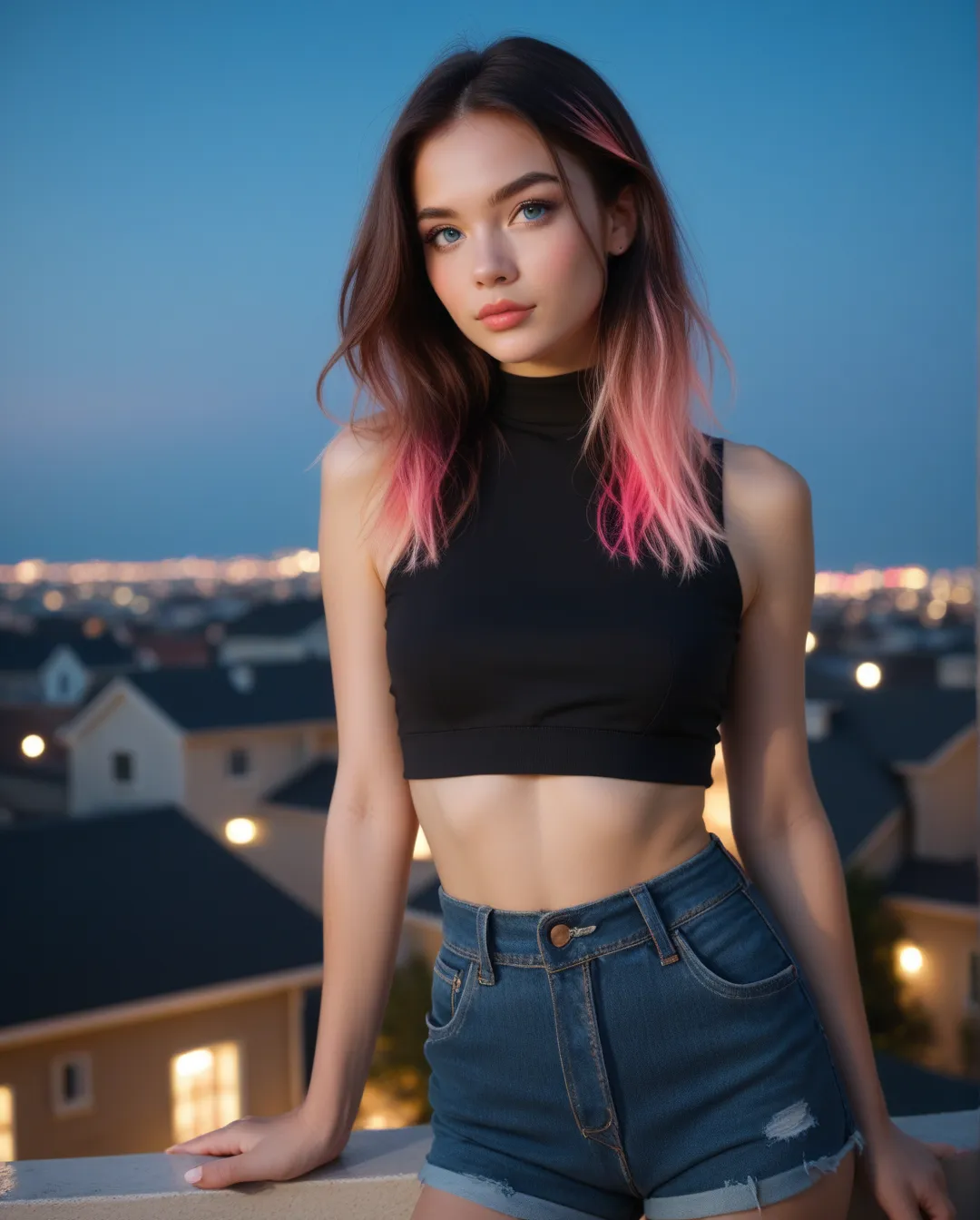 a young European petite girl, long straight brunette hair with subtle pink highlights, petite body, blue eyes, photo-realistic, 8k, masterpiece, textured skin, highly detailed, wearing black crop top, standing at the roof top at night