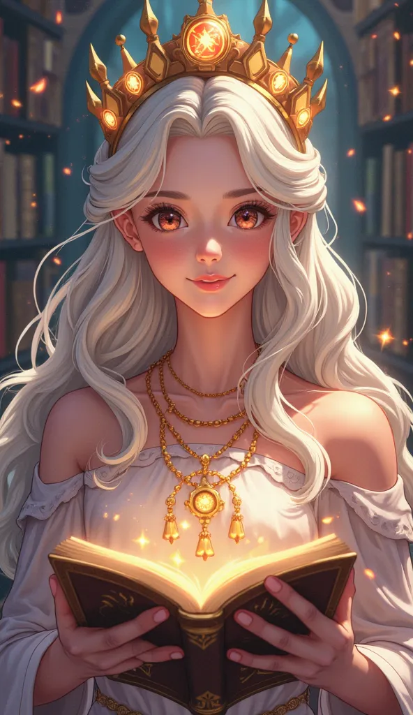 Create an animated image in a vibrant anime style of the goddess of knowledge. Depict her in a mid-shot scene that showcases her wise and compassionate expression, detailed crown, and flowing hair. The background hints at a magical library with ancient scr...