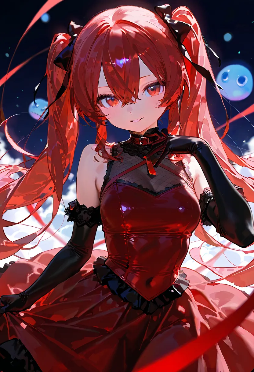 depicts rimuru on her way from slime form to Hatsune Miku's figure:1.8。上半身teeth初音ミクの姿（long blue hair、red eyes、black and red gothic lolli-style dress、胸元のribbon、 gloves）in、下半身teethまだスライム:1.At 8。スライム部分teethblue translucentin、光の反射in柔らかin滑らかな質感を演出。リムルの表情teeth戸惑...