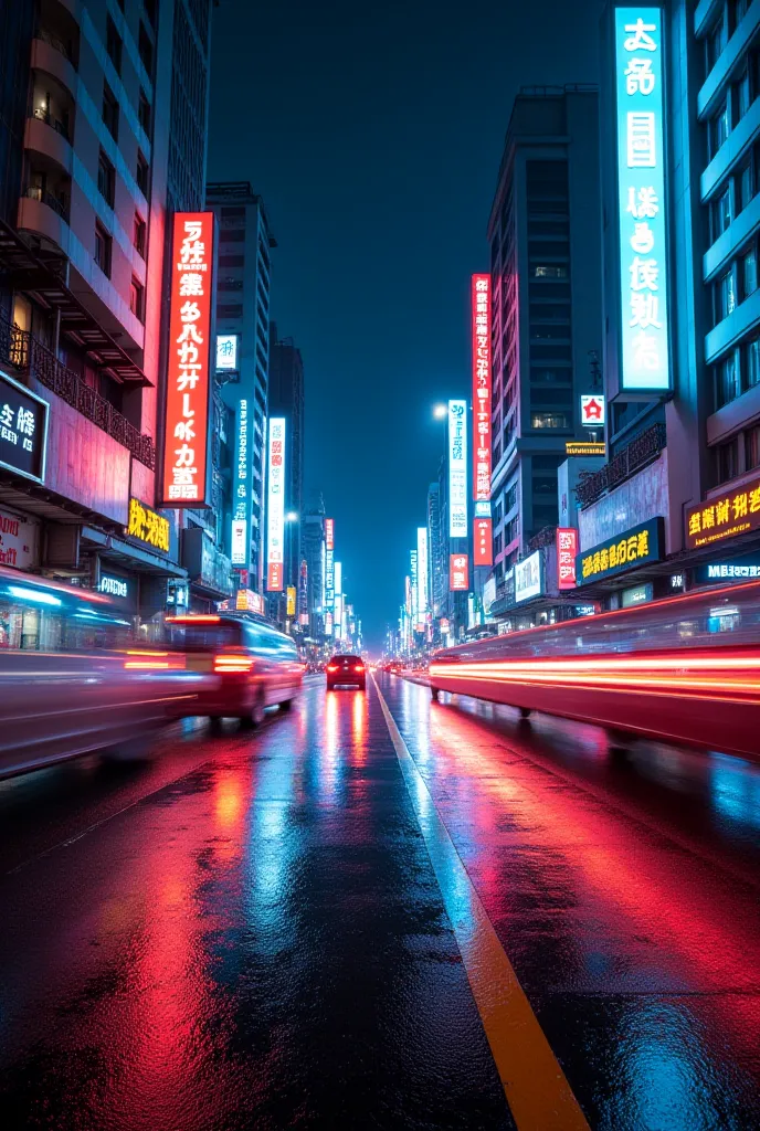 A bustling Asian city street at night after a rain shower. Neon lights reflect on the wet pavement as cars pass by, their headlights and taillights creating a motion blur effect. The atmosphere is lively, with glowing signs and urban buildings in the backg...