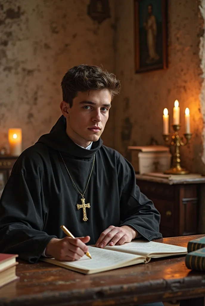 Photo of a young priest of the Order of the Sacred Heart of SCJ with dark loafers and a cross of Dehonians, sitting writing letters to other monks. Room with candles and crosses and stacks of books on the table
