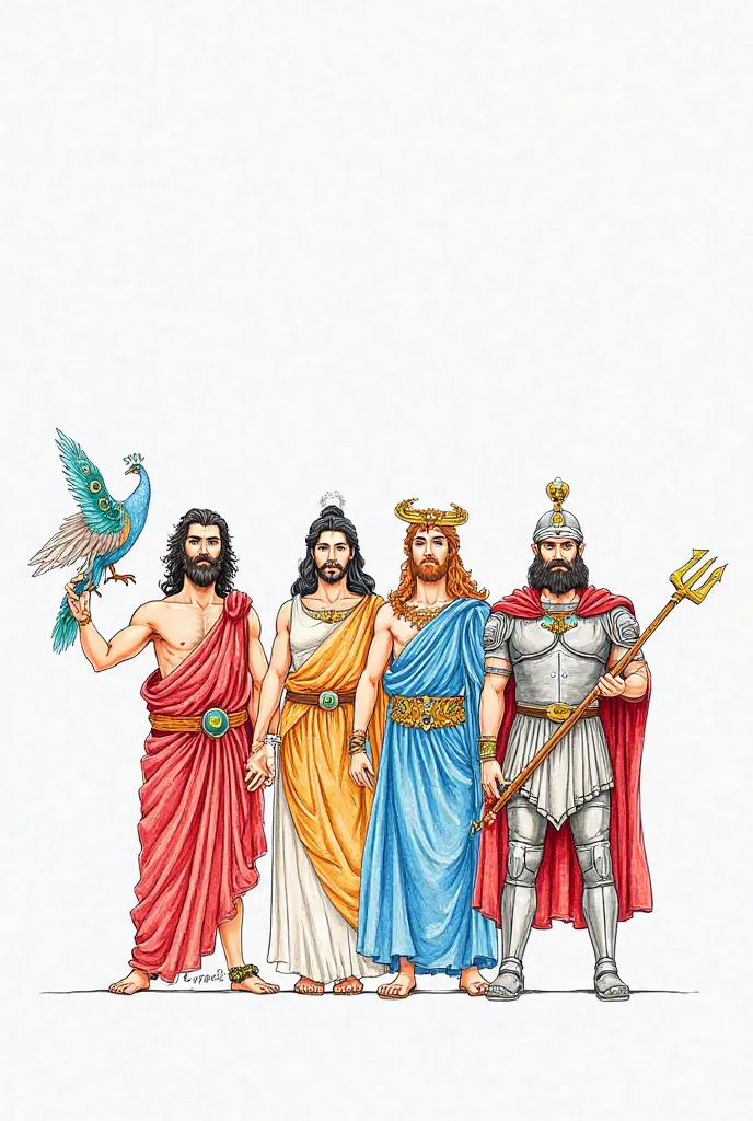 draw a picture of the following gods: 

• Jupiter: With a lightning bolt in hand.
• Juno: Accompanied by a peacock.
•Neptune: holding a trident.
•Mars: In armor 
Draw them without a background with color 