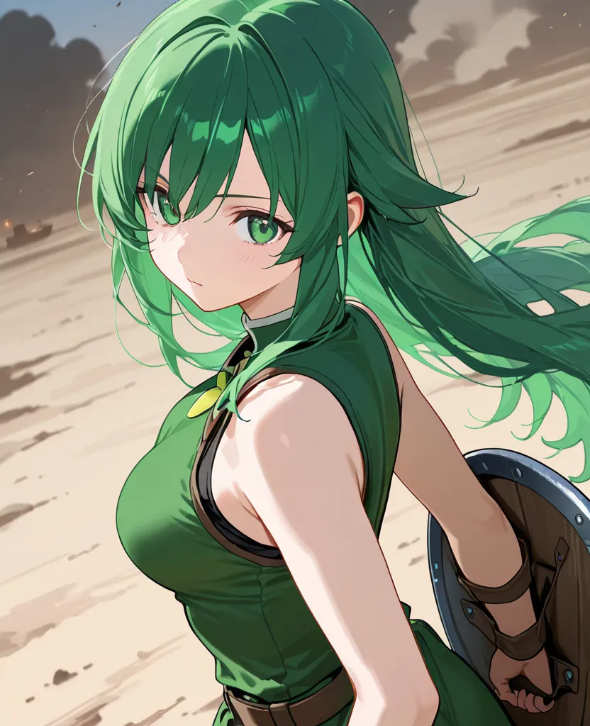 1girl, green hair, holding shield, green eyes, look at you, show her shield, focus on shield, long hair, hair flow, sleeveless outfit, tanker