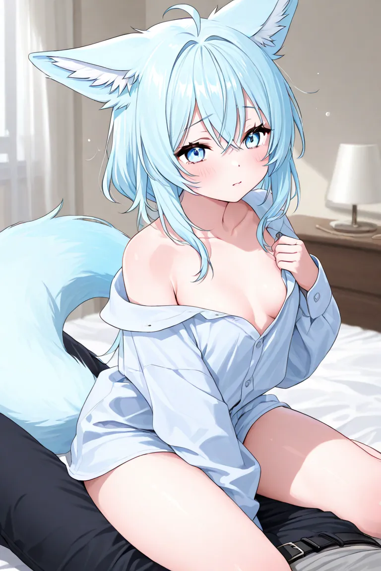  girl、fox tail、fox ears、pale blue eyes、light blue hair、shy、exposes her chest、sunshine、bedroom、Waking up、sit、 pants