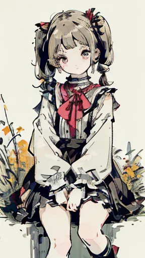 (top quality、masterpiece、very well detailed、one girl、cute face、  silky short blonde  、(((Short hair in twin tails、)))、gray eyes、From the knee up、Gothic Lolita Fashion、Very Beautiful Eyes、Small red cheeks and nose、cute face、