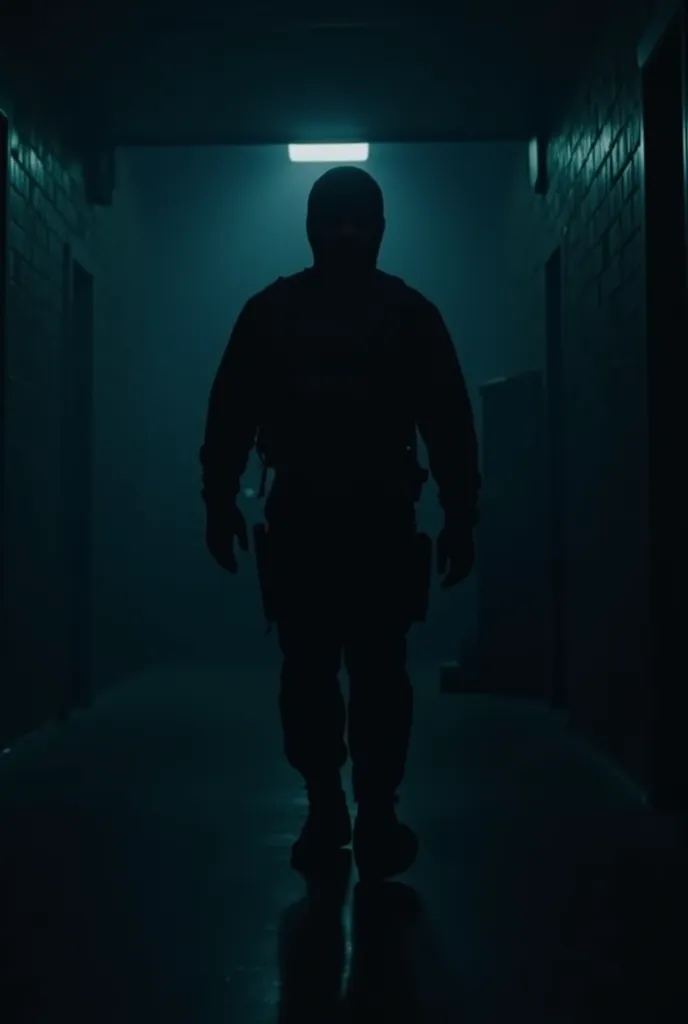 Open with a dark, moody atmosphere. Show a dimly lit gym at dawn, with faint shadows moving across the walls. The camera slowly zooms in on a security camera feed, showing a figure in a SWAT-like outfit walking calmly through the gym. Add eerie background ...