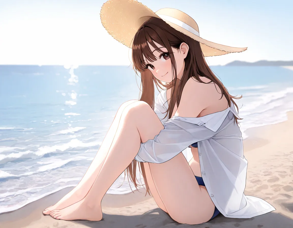 girl, loose brown hair,  smiles sweetly, straightens hair behind the ear, wide-brimmed summer hat, beach,  is sitting, swimsuit, naked waist , an unbuttoned shirt,  barefoot