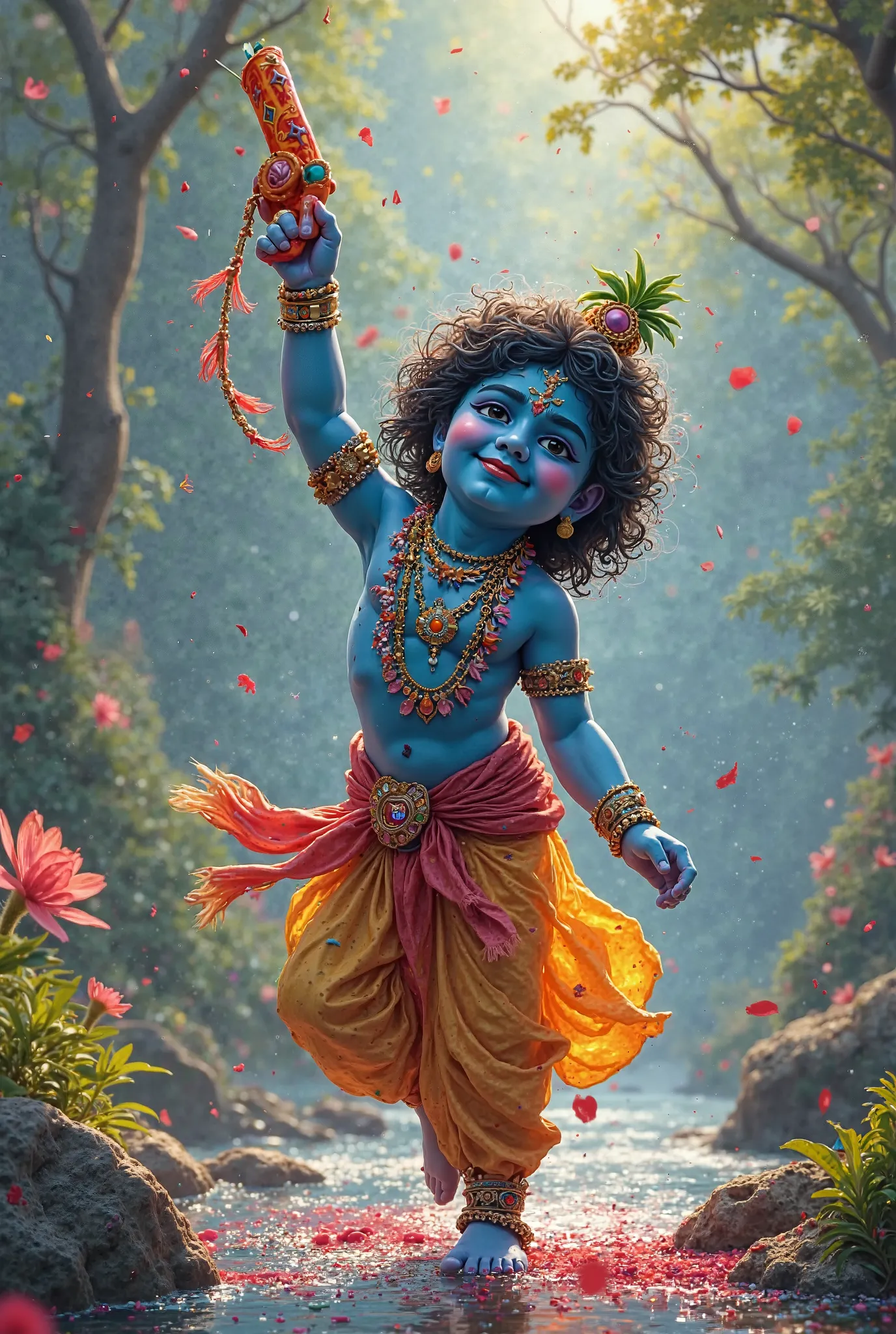 Lord krishna playing holi pichkari hold in hand Nature background with river.