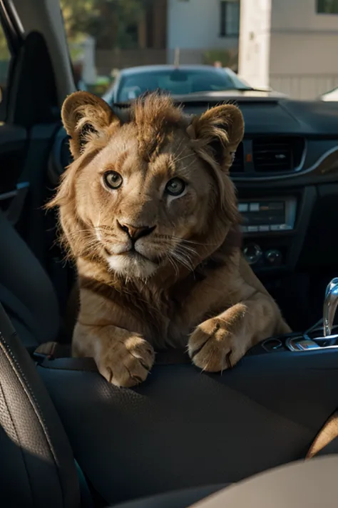 little lion driving a car