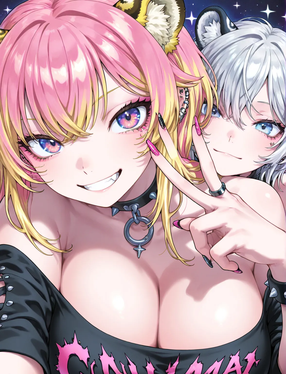 vivid color, punk gyaru, beast girl, pink hair, blonde hair, silver hair, very big breasts, v, face close_up, cool face, sparkle, ultimate quality, 1coma, leopard ears fluffy,  tiger ears fluffy, tilt  angle, off the shoulder,