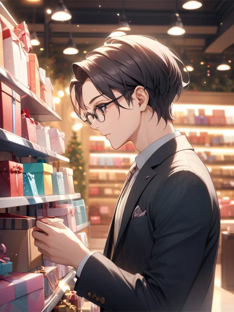  wears glasses, Magical moments,  bright and charming eyes, dark eyes,( dynamic shot from the side:1.1,  Glance Shot ), He is choosing gifts at the store