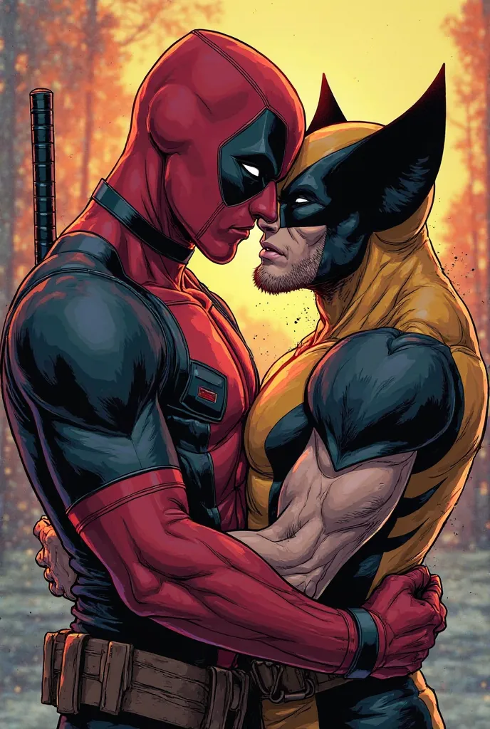 Deadpool kissing wolverine in an cartoon art style
